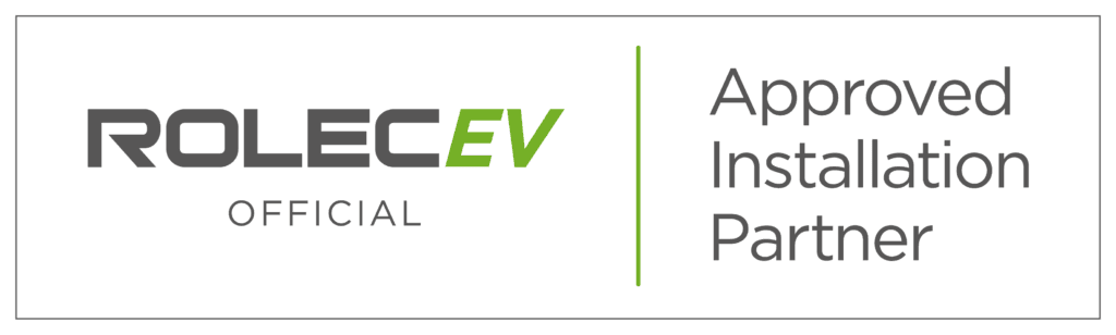 Brand logo: ROLEC EV Official on left and 'Approved Installation Partner' with a green divider on the right, signaling partnership status.